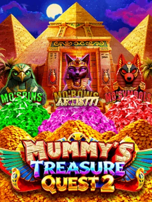 Tampilan layar permainan slot Mummy’s Treasure Quest 2 dengan latar belakang piramida Mesir.